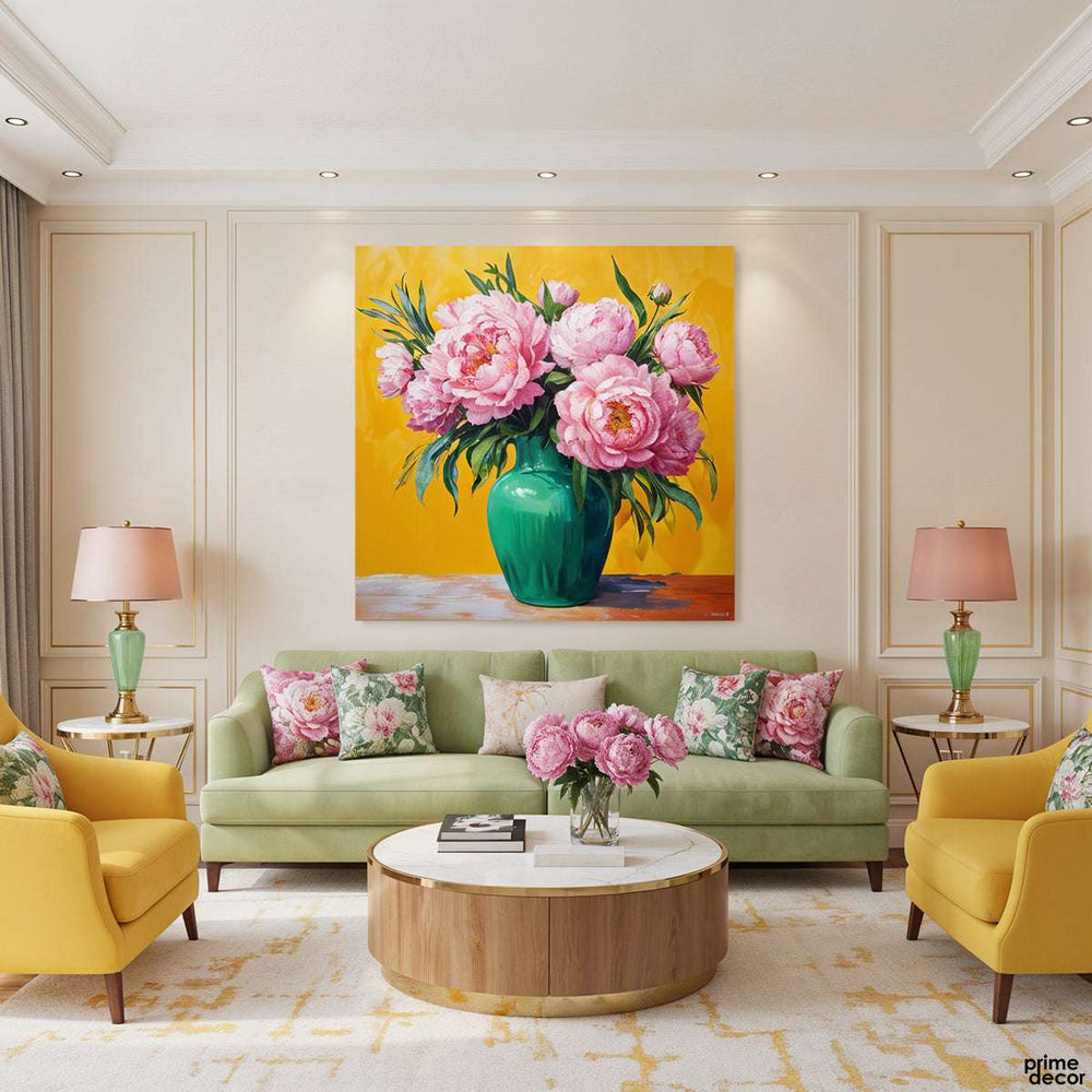 Vibrant Peonies in a Green Vase Digital Painting (Single Panel) Square Wall Art