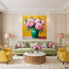 Vibrant Peonies in a Green Vase Digital Painting (Single Panel) Square Wall Art