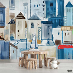 Brush Stroke Style Cute Blue Buildings | Kids Wallpaper Mural - Prime Décor