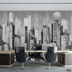 Grayscale Pencil Urban Skyscrapers | Architecture Wallpaper Mural - Prime Décor