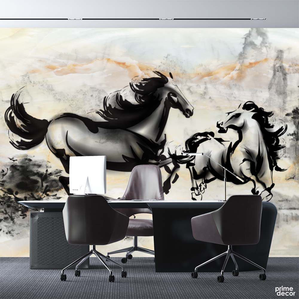 Stroke Style Black Horses With Marble Background | Office Wallpaper Mural - Prime Décor