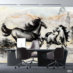 Stroke Style Black Horses With Marble Background | Office Wallpaper Mural - Prime Décor