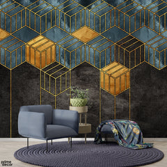 3D Geometric Cubes With Gold & Teal Accents | Modern Luxury Wallpaper Mural
