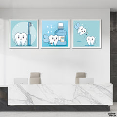 Cute Teeth With Light Blue Background (3 Panel) Dental Wall Art