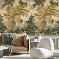 Vintage Tropical Palm Trees With Muted Green Foliage | Bohemian Botanical Wallpaper Mural