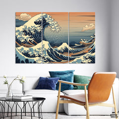 Katsushika Hokusai Inspired The Great Wave (3 Panel) Digital Painting Wall Art - Prime Décor