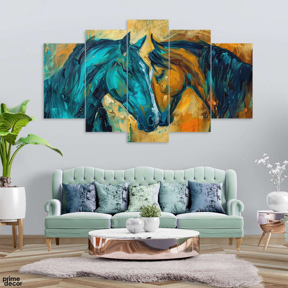 Abstract Black & Brown Horses Artwork (5 Panel) Animal Wall Art