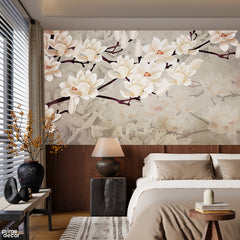 Elegant White Magnolia Blossoms With Soft Beige Background | Vintage Floral Wallpaper Mural