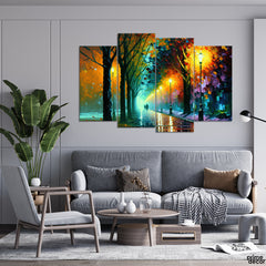 Rainy Park At Night Colorful Oil Painting Style (4 Panel) Digital Painting Wall Art - Prime Décor