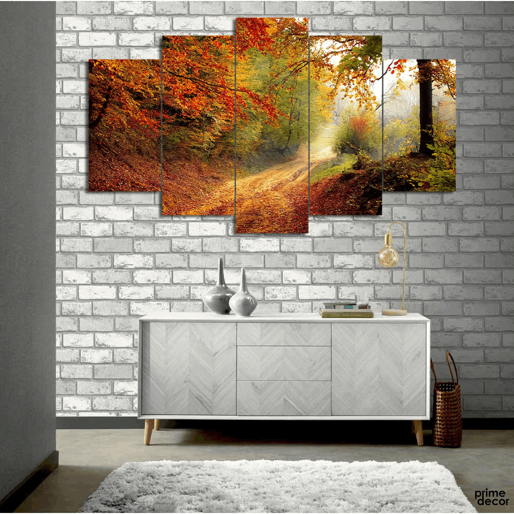 Autumn Forest Road (5 Panel) Nature Wall Art - Prime Décor