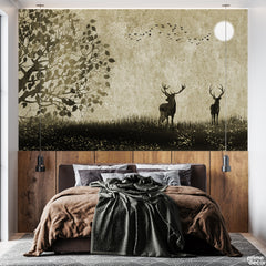 Woodland Deer Silhouettes With Textured Beige Background | Rustic Nature Wallpaper Mural