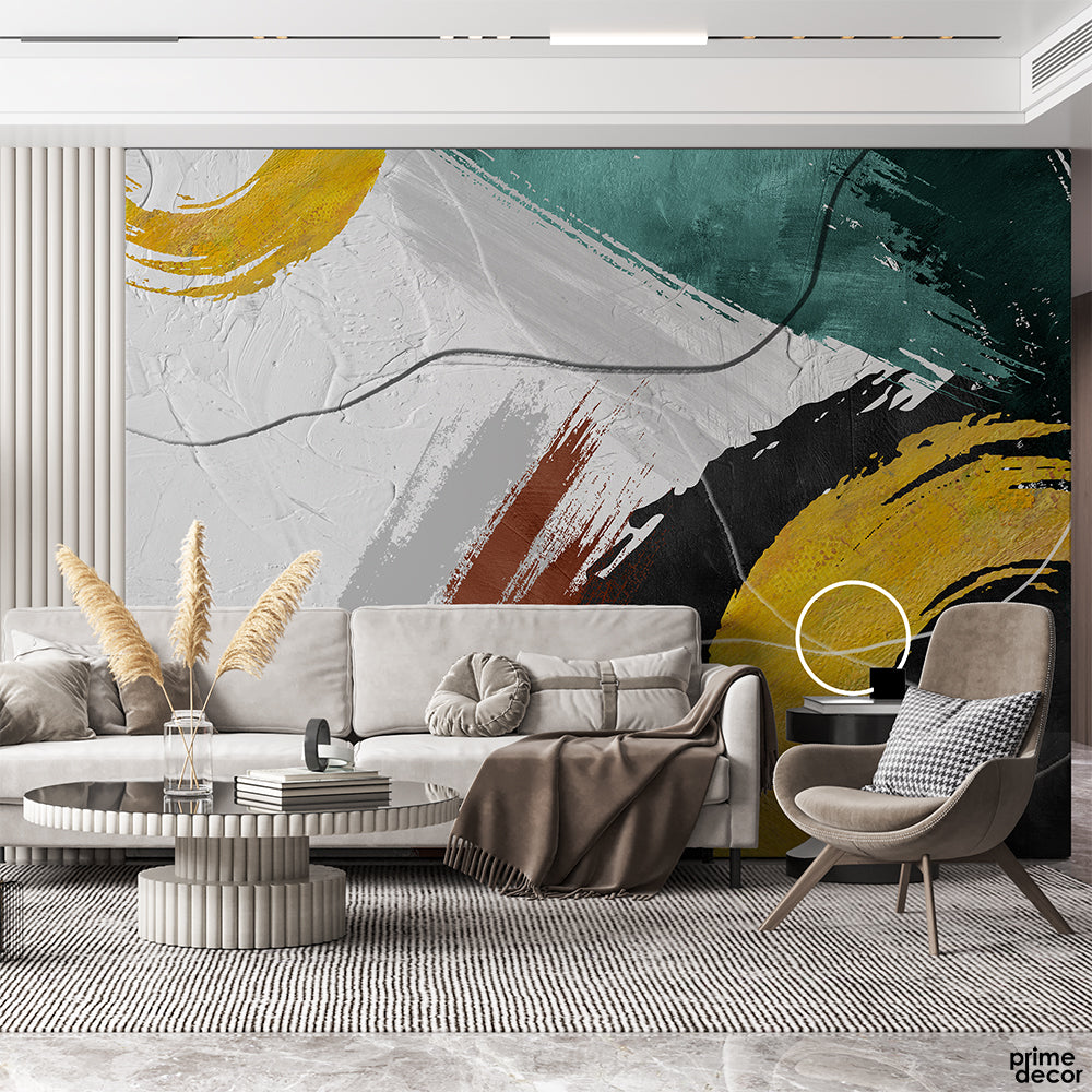 Golden Lines Retro Oil Painting Style Design | Abstract Wallpaper Mural - Prime Décor