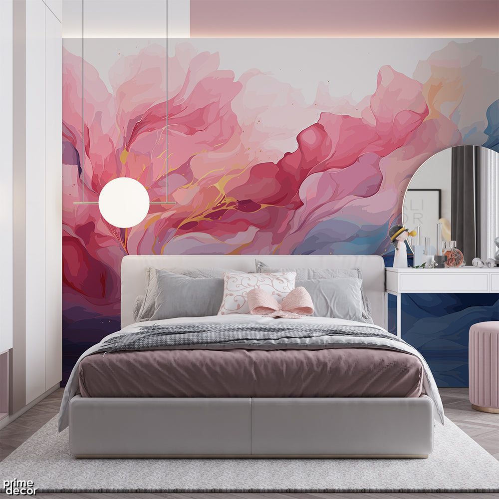 Pink & Blue Acrylic Fluid Painting Style Design | Abstract Wallpaper Mural - Prime Décor