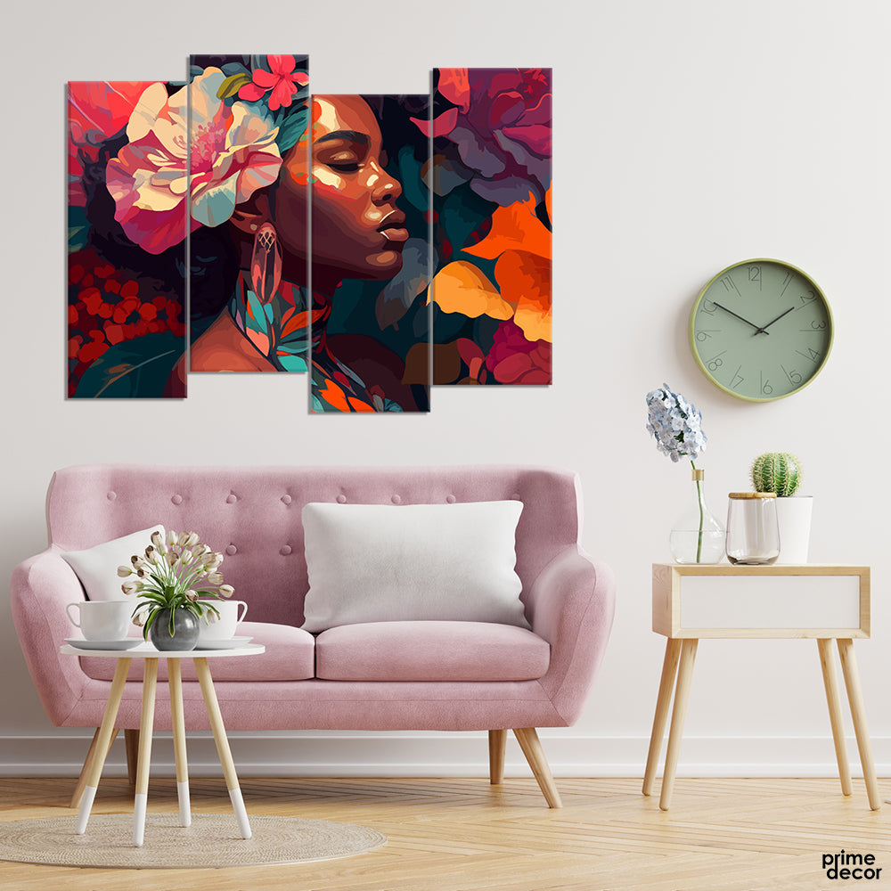 Floral Headband African Woman With On Painting Style Background (4 Panel) Fashion Wall Art - Prime Décor