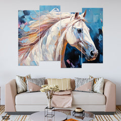 Abstract Beautiful White Horse Over Blue Background (4 Panel) Animal Wall Art - Prime Décor