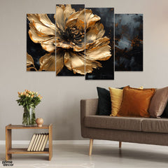 Beautiful Gold Flower Over Black Background (4 Panel) Floral Wall Art - Prime Décor