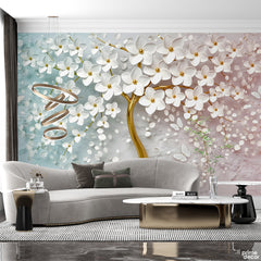 3D Style White Flowers with Slight Gradient Colors | Floral Wallpaper Mural