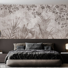 Muted Botanical Leaves & Branches With Textured Grey Background | Vintage Neutral Wallpaper Mural