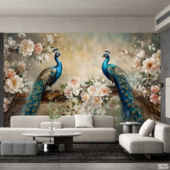 Exotic Peacocks Sitting on Floral Tree Branch | Floral Wallpaper Mural