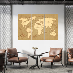 Vintage Brown World Map With Compass (3 Panel) Vintage Wall Art - Prime Décor