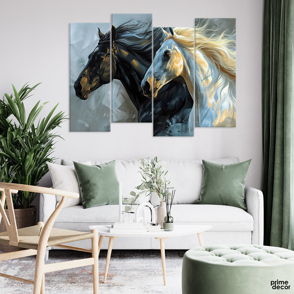 Abstract Beautiful Black & White Running Horses (4 Panel) Animal Wall Art - Prime Décor