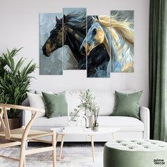 Abstract Beautiful Black & White Running Horses (4 Panel) Animal Wall Art - Prime Décor