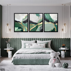 Club Moss With Golden Abstract Brush Strokes (3 Panel) Abstract Wall Art