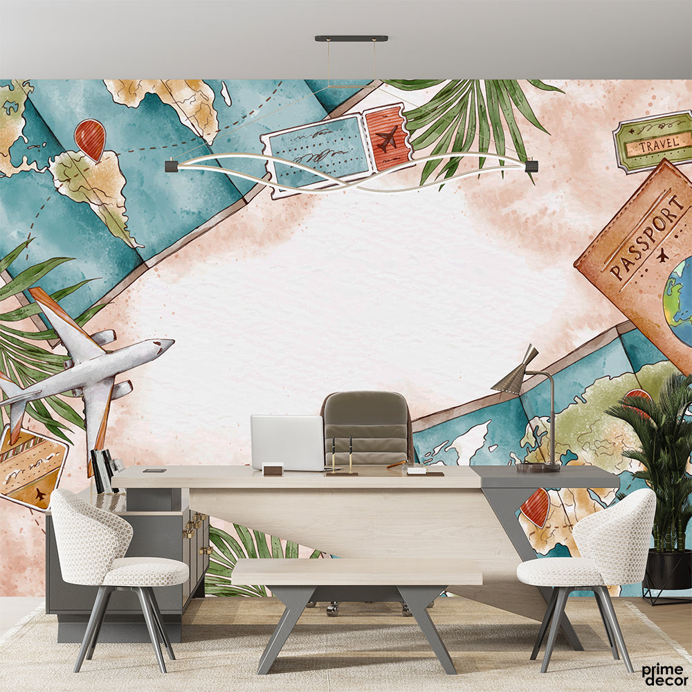Watercolor Travel Map & Passport Illustrations | Office Wallpaper Mural - Prime Décor