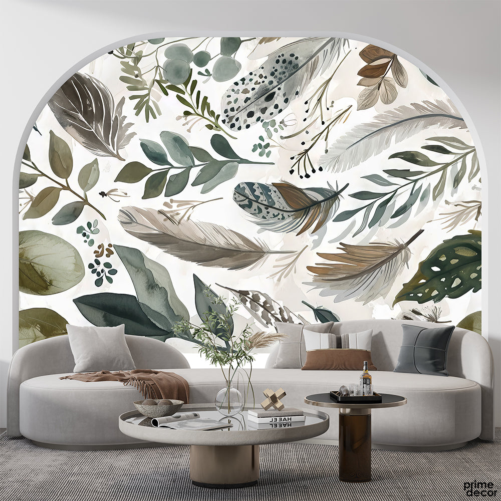 Watercolor Feathers & Exotic Leaves | Floral Wallpaper Mural - Prime Décor