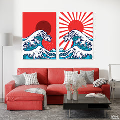 Retro Style Big Waves Red & Blue (2 Panel) Digital Wall Art