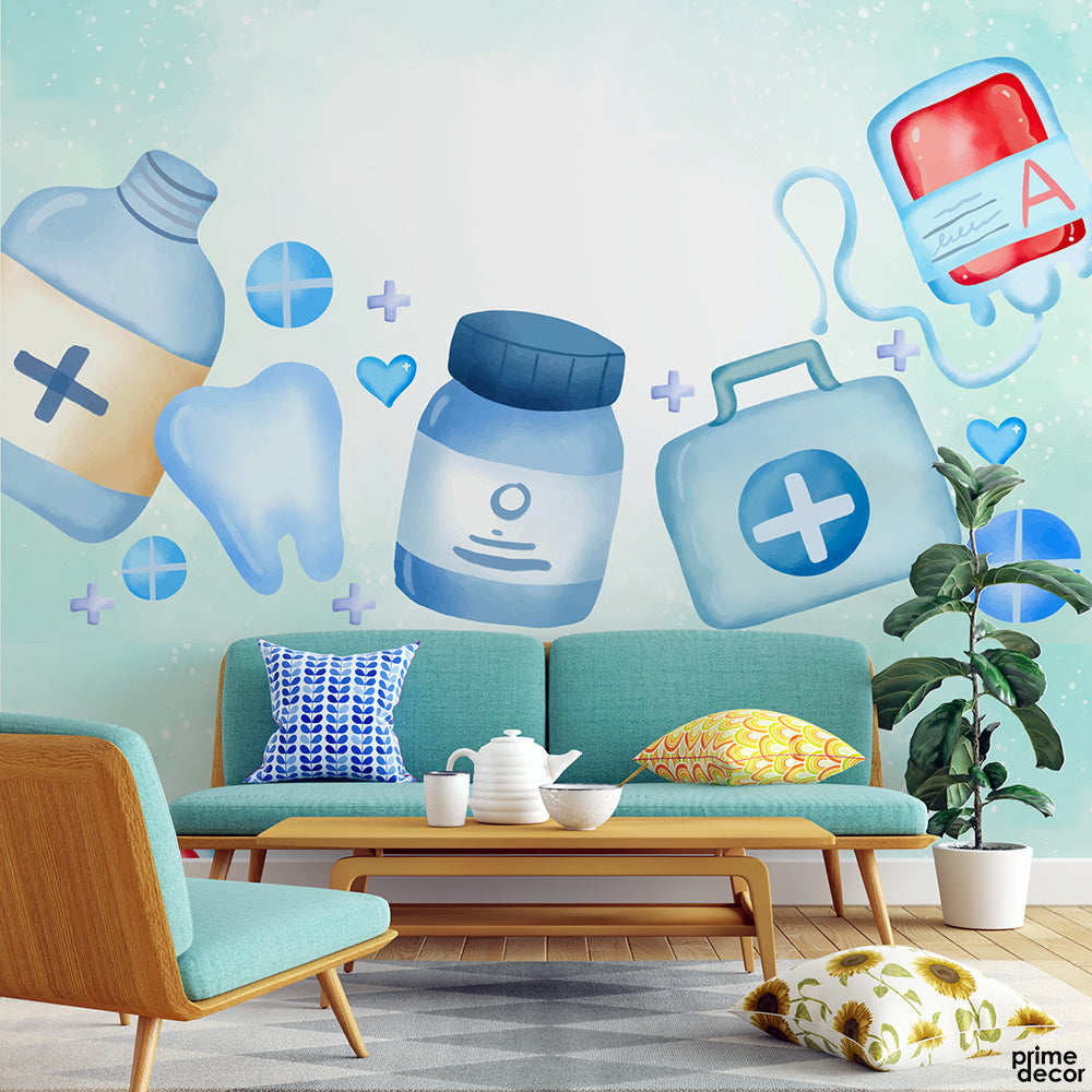 Watercolor Hospital Essentials Light Blue | Office Wallpaper Mural - Prime Décor