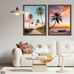 Palm Trees Over The Beach With Dreamy Sunset (2 Panel) Nature Wall Art