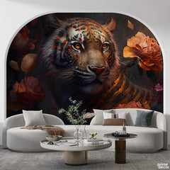 Gruesome Tiger With Rose Flower Buds | Animal Wallpaper Mural - Prime Décor