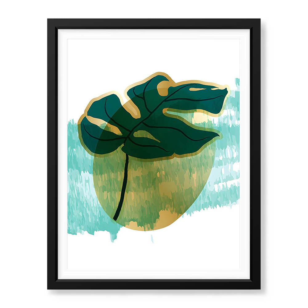 Green Tropical Leaves Over White & Hazel Blue Background | Abstract Floral Artwork #00109 - Prime Décor