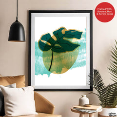 Green Tropical Leaves Over White & Hazel Blue Background | Abstract Floral Artwork #00109 - Prime Décor