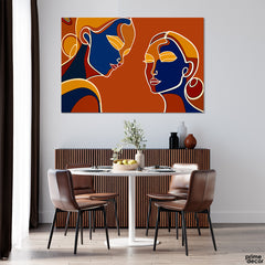 Crimson Red & Dark Blue Indian Women Line Art (Single Panel) Nordic Wall Art