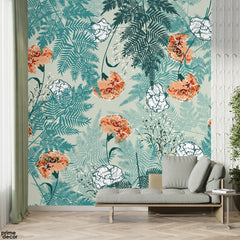 Beautiful White & Orange Flowers With Green Exotic Leaves | Floral Wallpaper Mural