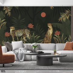 Leopards With Exotic Green Leaves Background | Floral Wallpaper Mural