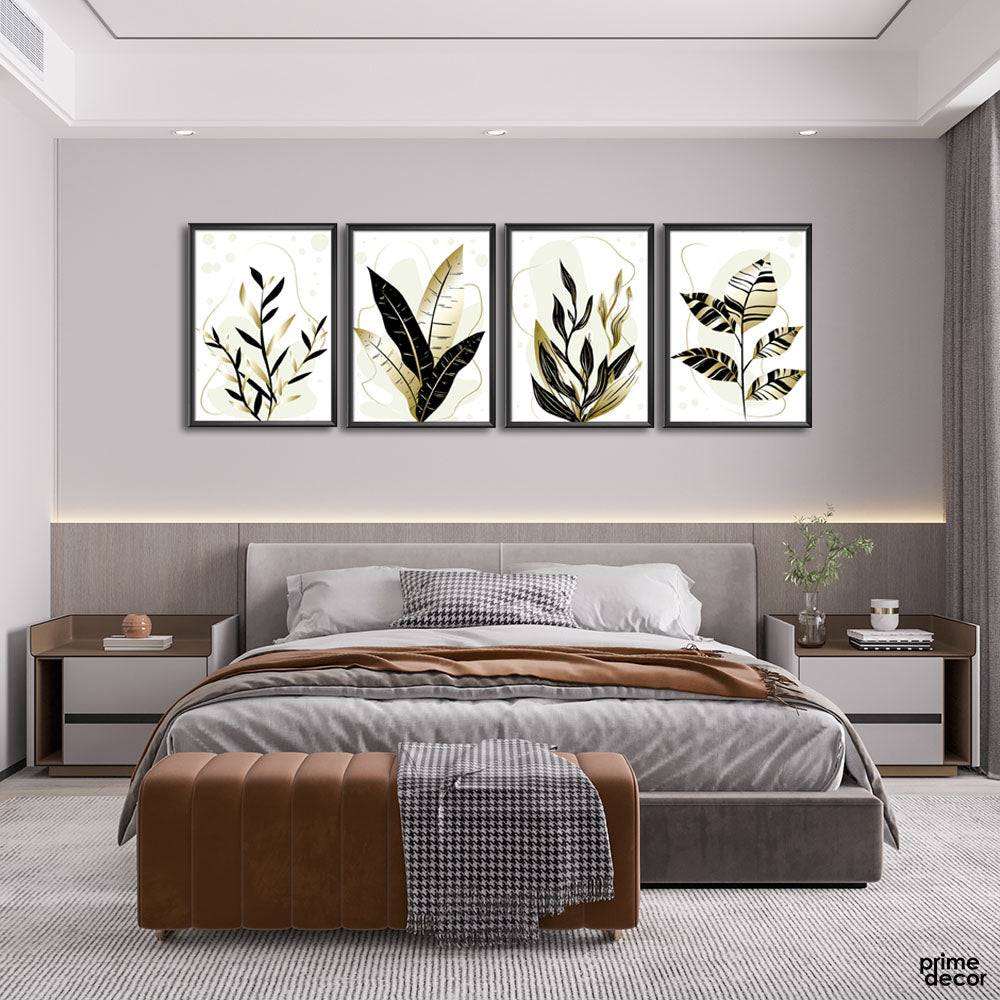 Black & Gold Botanical Leaves (4 Panel) Digital Wall Art - Prime Décor