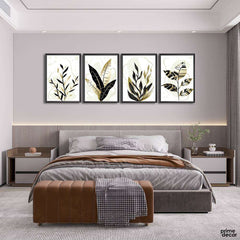 Black & Gold Botanical Leaves (4 Panel) Digital Wall Art - Prime Décor