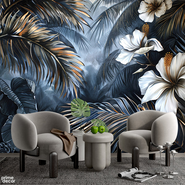 Beautiful White Flowers With Blue Abstract Tropical Leaves | Floral Wallpaper Mural - Prime Décor
