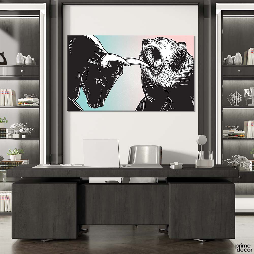 Grayscale Bull & Bear Stock Market (Single Panel) Office Wall Art - Prime Décor