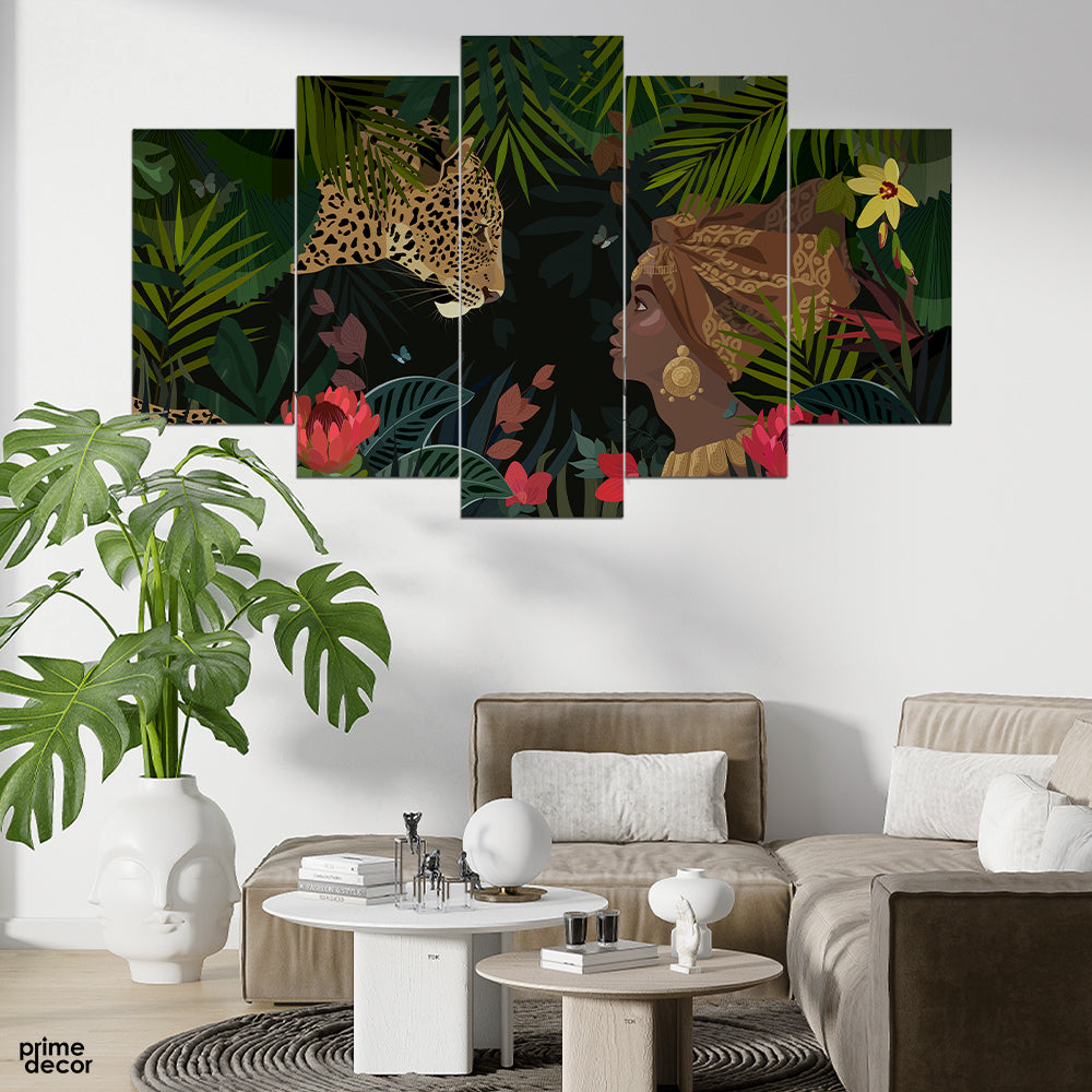 Brown Women & Leopard In The Forest (5 Panel) Nature Wall Art - Prime Décor