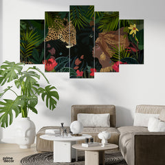 Brown Women & Leopard In The Forest (5 Panel) Nature Wall Art - Prime Décor