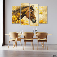 Sienna Brown Horse In Yellow Flowers Brush Strokes (4 Panel) Animal Wall Art
