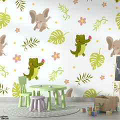 Cute Crocodile & Elephant With Leaves | Nursery Wallpaper Mural - Prime Décor