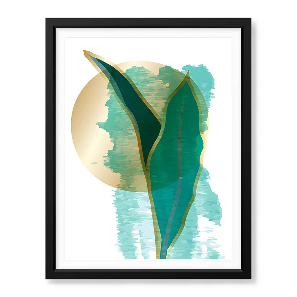 Green Tropical Leaves Over White & Hazel Blue Background | Abstract Floral Artwork #00111 - Prime Décor
