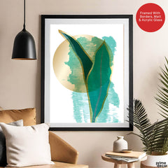 Green Tropical Leaves Over White & Hazel Blue Background | Abstract Floral Artwork #00111 - Prime Décor