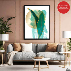 Green Tropical Leaves Over White & Hazel Blue Background | Abstract Floral Artwork #00111 - Prime Décor