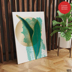 Green Tropical Leaves Over White & Hazel Blue Background | Abstract Floral Artwork #00111 - Prime Décor